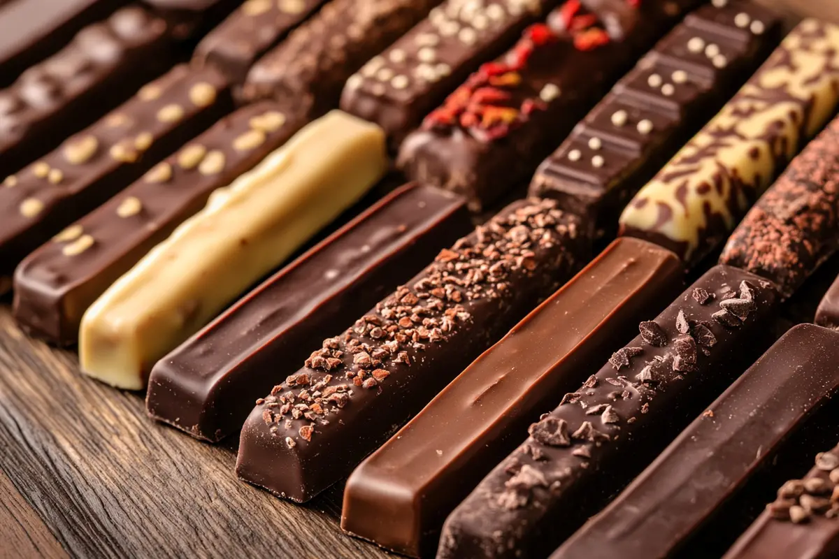 A variety of delicious chocolate sticks in dark, milk, and white chocolate flavors.