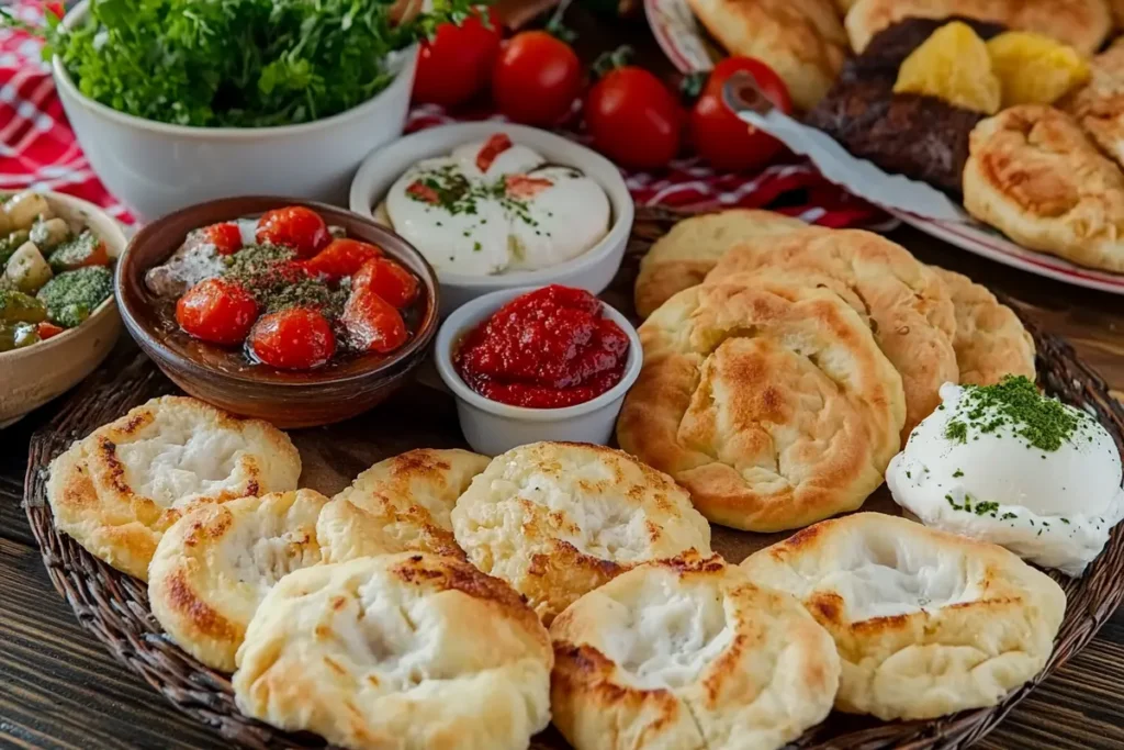 Delicious Turkish breakfast spread with cheese, olives, bread, and eggs.