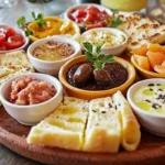 Delicious Turkish breakfast spread with cheese, olives, bread, and eggs.