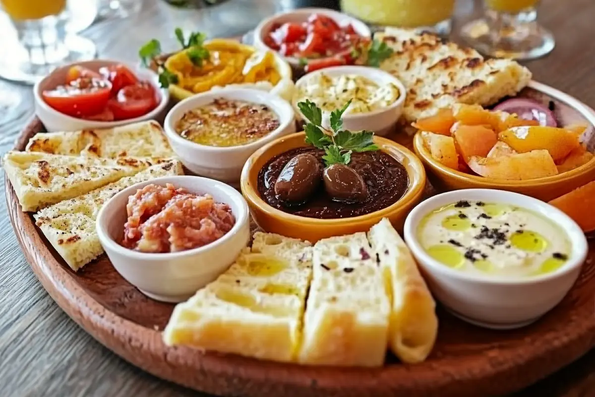 Delicious Turkish breakfast spread with cheese, olives, bread, and eggs.